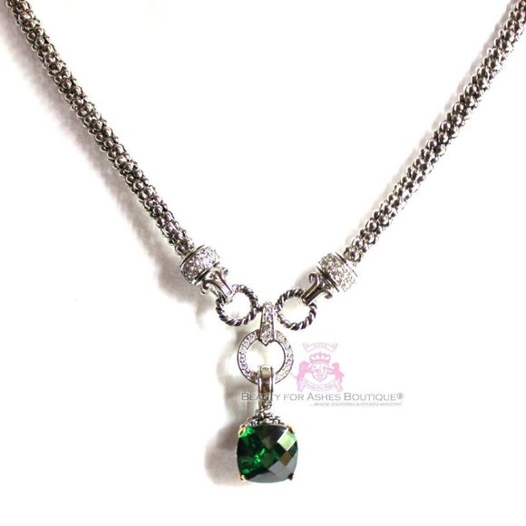 Multi Faceted Throne Room Emerald Green Checker Cushion Cut Two Tone CZ Pendant - Picture 9 of 16